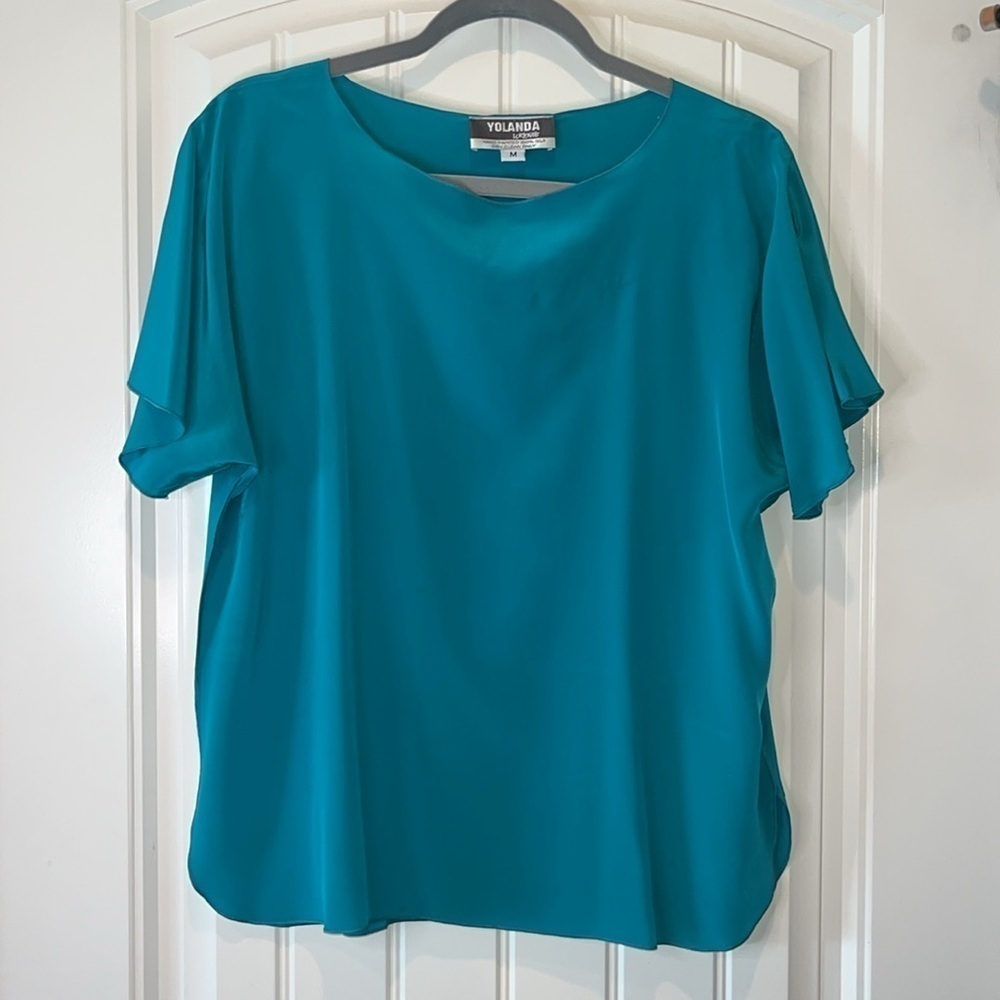 Multi piece Yolanda Lorente teal silk hand painted top skirt and topper size M - Picture 6 of 15